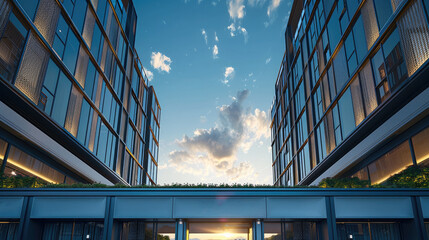 Aufkleber - The exterior front facade, showing two modern buildings with slightly different heights and shapes to create visual interest in an urban setting.