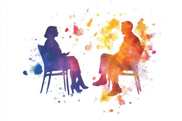 Poster - A couple sitting together on two chairs, likely engaged in conversation