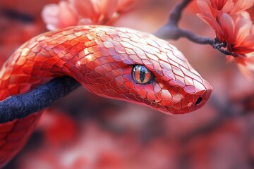 Poster - A close-up view of a snake coiled on a tree branch, ready to strike