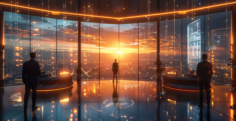 Poster - A high-end virtual lounge suspended in space, with sleek, shimmering city skylines with futuristic skyscrapers are visible through large glass windows. Elegant holographic displays hover around.
