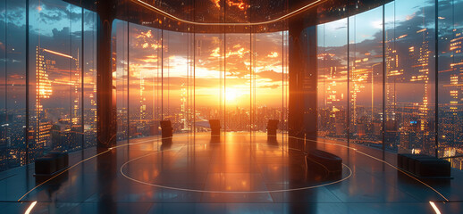 Poster - A high-end virtual lounge suspended in space, with sleek, shimmering city skylines with futuristic skyscrapers are visible through large glass windows. Elegant holographic displays hover around.