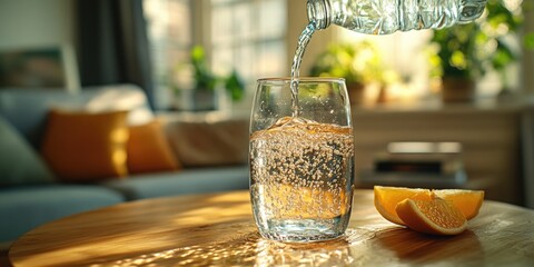 Poster - A glass of water and a half of an orange slice placed on a table, suitable for use in still life photography or as a prop in food, drink, or lifestyle scenes