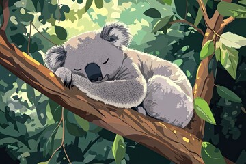 Poster - A Sleeping Koala Bear Resting On A Tree Branch