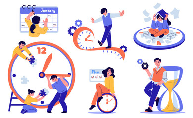 Poster - Task schedule. Time management, hourglass for agenda organize, clock training entrepreneur. Business calendar. Happy people with timer and hourglass. Vector characters cartoon illustration