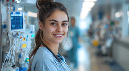 Poster - A nurse assistant standing in a clinical setting, wearing scrubs, smiling while attending to medical equipment, clean and bright hospital environment.