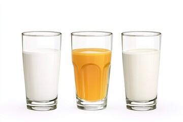 Poster - Three glasses filled with milk and orange juice on a clean white background