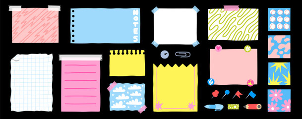 Poster - Paper note sticker. Memo post, school pin board or torn tape pad. Stick to do list, notepad clip label. Colorful stationery for girls, pin elements and message card. Vector isolated sheet