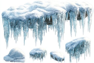 Poster - A cluster of icicles hang from the edge of a roof, glistening in the sunlight