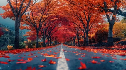 Poster - The road is lined with maple trees, which have red leaves and yellow flowers on them, creating a beautiful autumn landscape.