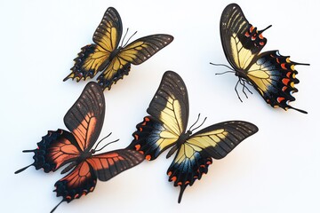 Poster - A group of colorful butterflies sit on a clean white surface, ready to take flight