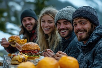 Poster - A group of people enjoying a meal together, ideal for depicting social gatherings, family reunions, or corporate events