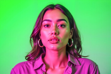 Confident young Asian woman poses with vibrant neon background, empowerment. Bright and modern style portrait