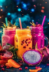 Wall Mural - Vibrant Tropical Fruit Smoothies in Mason Jars