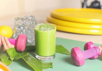 Wall Mural - Refreshing Green Smoothie and Pink Dumbbells: Fitness and Healthy Lifestyle Concept