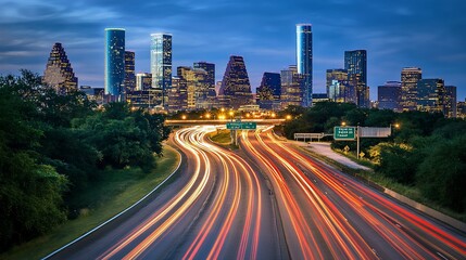 Wall Mural - City skyline at twilight with highway light trails.