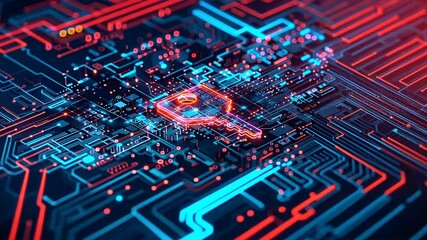 Poster - digital key circuit board glowing lines and nodes in futuristic cybersecurity technology with vibran
