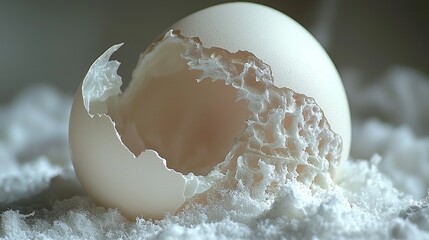 Poster - whole egg is partially cracked open shell fragments and egg white swirling artistically around it. Soft lighting highlights textures and dynamic movement within composition.