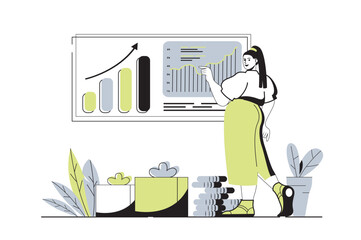 Wall Mural - Sales performance web concept with flat cartoon people for website design. Woman analyzing financial data, progress achievement and business statistics at presentation board. Vector illustration.