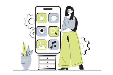 Fototapete - App development web concept with flat cartoon people for website design. Woman creating mobile interface layout with app buttons, places graphic elements and making settings. Vector illustration.