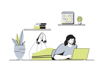 Poster - Freelance working web concept with flat cartoon people for website design. Woman working at laptop from home office, relaxing and doing job tasks online, making outsource work. Vector illustration.