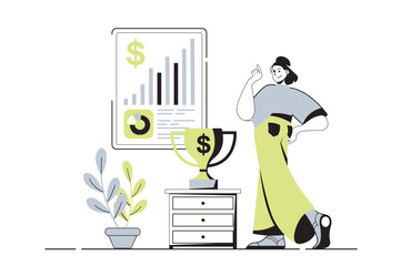 Poster - Business award web concept with flat cartoon people for website design. Woman achieving career goals and financial success and getting trophy cup, celebrating victory and result. Vector illustration.