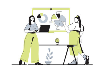 Poster - Teamwork web concept with flat cartoon people for website design. Colleagues discussing work financial data at presentation board, brainstorming and challenge collaboration. Vector illustration.