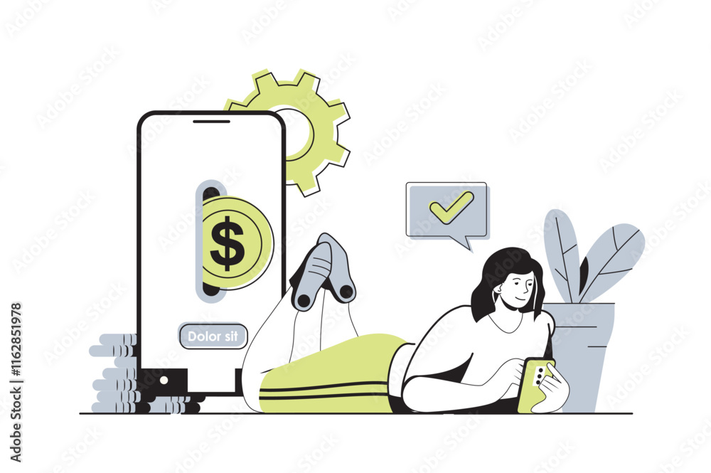 Mobile banking web concept with flat cartoon people for website design ...
