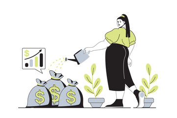 Poster - Investment web concept with flat cartoon people for website design. Woman watering money trees and cash bags and using success finance strategy for increase financial profit. Vector illustration.