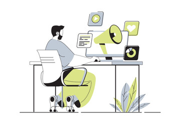 Fototapete - Digital marketing web concept with flat cartoon people for website design. Man creating advertising content and making posts, sending promo messages, attracting new clients. Vector illustration.