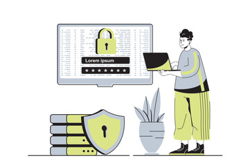 Poster - Cyber security web concept with flat cartoon people for website design. Man getting access to personal internet account using password shield and online encryption secure system. Vector illustration.