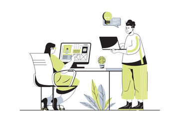 Poster - Designer studio web concept with flat cartoon people for website design. Woman and man creating website layouts and drawing graphic elements, generating new ideas and visuals. Vector illustration.