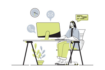 Fototapete - Customer service web concept with flat cartoon people for website design. Call center operator in headphones talking with clients, speaking and consulting, getting feedback. Vector illustration.
