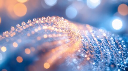 Abstract blue and gold shimmering fabric with water droplets, bokeh lights background.