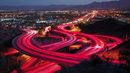 Wall Mural - Night cityscape with illuminated freeway interchange.