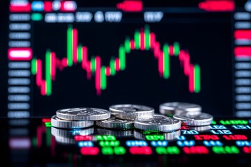 Poster - A closeup of a financial chart displaying an uptrend line on a candlestick graph, set against a blue monitor background in the stock market.