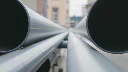 Pipes arranged in a row at a construction site with buildings in the background during daylight
