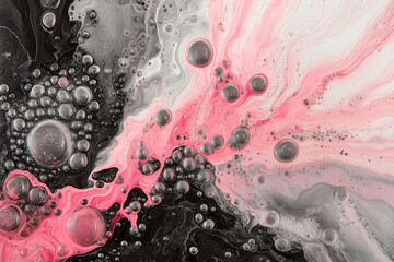 Wall Mural - Abstract fluid art, with light pink and dark gray colors, features swirls of thick paint and bubbles in the liquid.