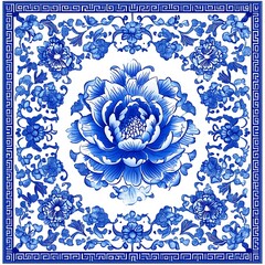 Wall Mural - a close up of a blue and white tile with a flower