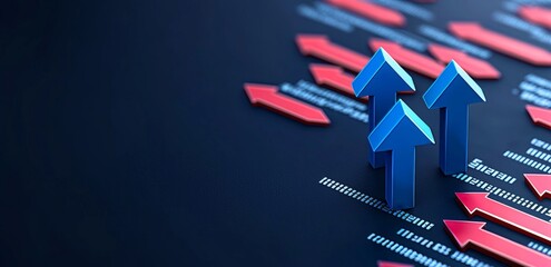 Poster - A conceptual financial chart displaying an upward trend line and arrows in the stock market, set against a blue background.