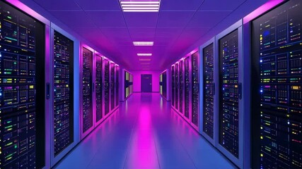 Poster - Illuminated Data Center Corridor with Futuristic Server Racks Vibrant Showcase of Technology in Purple and Blue Lighting, Creating Dynamic Digital Network Environment.