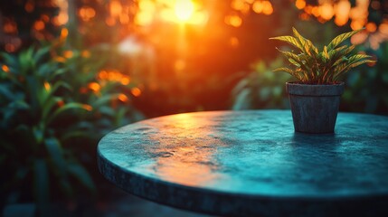 Wall Mural - Sunset garden scene with potted plant on table.