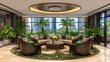 © ShinneProject - Elegant lounge area with plush seating, greenery, and city views, designed for relaxation.