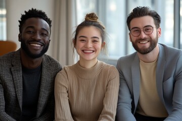 Canvas Print - Happy friendly multiracial team laughing working together at corporate briefing, Generative AI