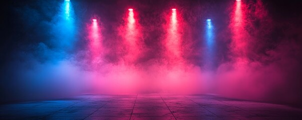 Poster - Dark studio space filled with fog or mist, illuminated by red and blue lighting, set against a grungy concrete floor texture