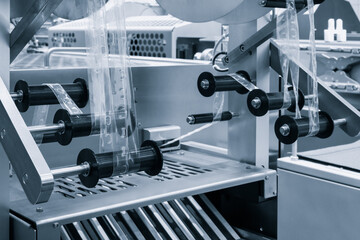 Poster - Fragment of the conveyor of the pharmaceutical labeling machine. Abstract industrial background.