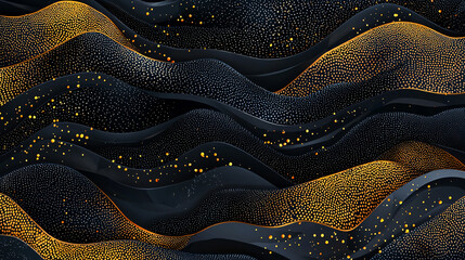 Poster - A mesmerizing abstract design featuring dark waves sprinkled with golden dots, creating a sense of depth and movement.