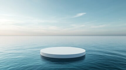 Wall Mural - A minimalist circular platform floating on calm water under a serene sky.