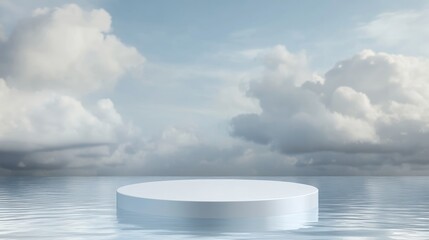 Wall Mural - A serene circular platform floating on calm water under a cloudy sky.