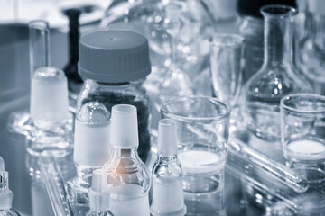 Poster - Glass laboratory chemical test tubes with liquid for analytical , medical, pharmaceutical and scientific research concept.