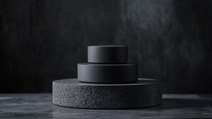 Wall Mural - Three black cylindrical platforms on a textured base against a dark background.